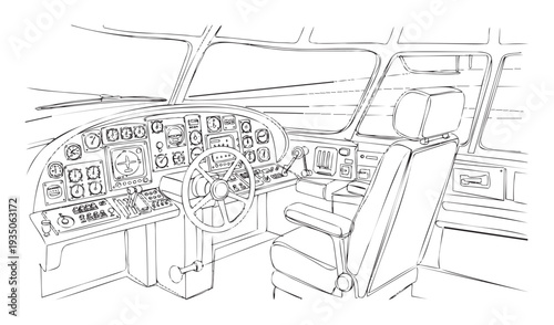 Detailed line drawing of an airplane cockpit with a control panel and pilot station, ideal for aviation education, flight training, or historical aircraft enthusiasts.