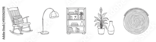 Black and white line drawing set of various home interior elements including a rocking chair, floor lamp, bookshelf, plants, and a rug for cozy living spaces