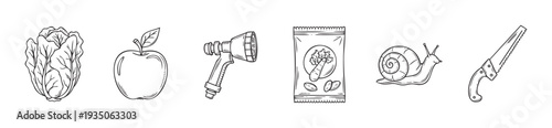 Gardening supplies and fresh produce illustrations perfect for farm and garden themed educational materials or creative design projects.
