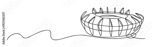 Continuous single line drawing of a modern sports stadium or arena architectural outline suitable for event promotion, sports marketing, and graphic design resources