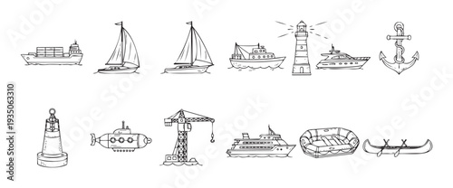 Explore a diverse collection of hand drawn outline water transport and marine equipment perfect for nautical themed educational projects and informational charts.