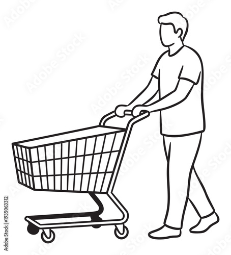 Man pushing a shopping cart, illustrating the act of grocery shopping and purchasing goods for retail and consumer lifestyle content