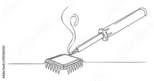 Continuous line drawing of a soldering iron working on a microchip, representing electronics assembly, repair, and technological development concepts for various applications.