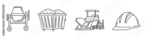 Construction site equipment and safety gear linear icons depicting a cement mixer, material skip, asphalt paver, and hard hat for building engineering projects.