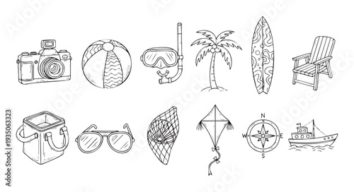 A collection of handdrawn summer vacation and beach holiday items including a camera, surfboard, palm tree, and cooler, perfect for travel promotions, seasonal greeting cards, or outdoor