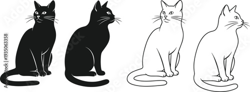 Set of Black Silhouette and Detailed Line Art Vector Illustrations of a Sitting Cat for Pet Care Animal Lovers and Domestic Life Designs
