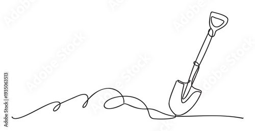 Minimalist single continuous line drawing of a gardening shovel stuck in earth with a winding path, ideal for horticultural publications and landscaping business advertisements.