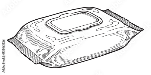 Detailed hand drawn sketch of a flexible wet wipes package with a resealable lid, ideal for packaging visuals, personal care product branding, or hygiene item promotions