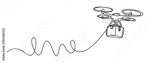 Continuous line drawing of a modern drone carrying a package, symbolizing innovative logistics and express delivery services, ideal for ecommerce, technology, and transportation industry