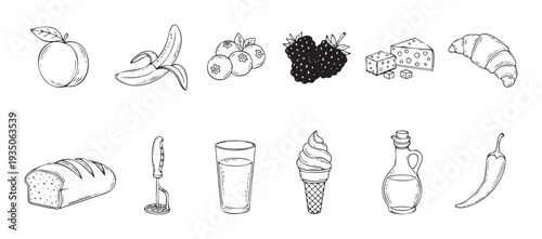 Hand drawn black and white line art collection featuring various food items like fruits dairy bread dessert and cooking tools useful for recipe books or culinary themed projects