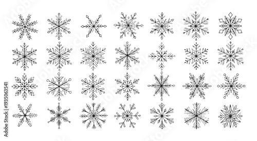 Diverse hand drawn snowflake collection offering intricate frosty crystal designs suitable for winter holiday celebrations, seasonal event decorations, and festive graphic applications.