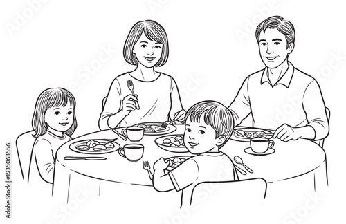 Asian family enjoying a happy breakfast meal together at the kitchen table, depicting togetherness and joy for educational materials or childrens book publishing