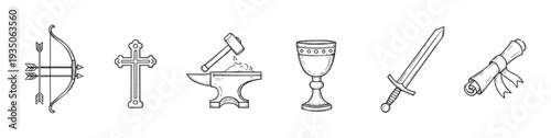 Hand drawn medieval and fantasy symbols like bow, arrow, cross, anvil, goblet, sword, and scroll for game interfaces, historical content, and adventure themed graphic design