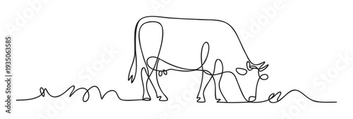 Continuous single line drawing depicting a grazing cow for agricultural branding, dairy product packaging, animal care awareness, or educational material applications.