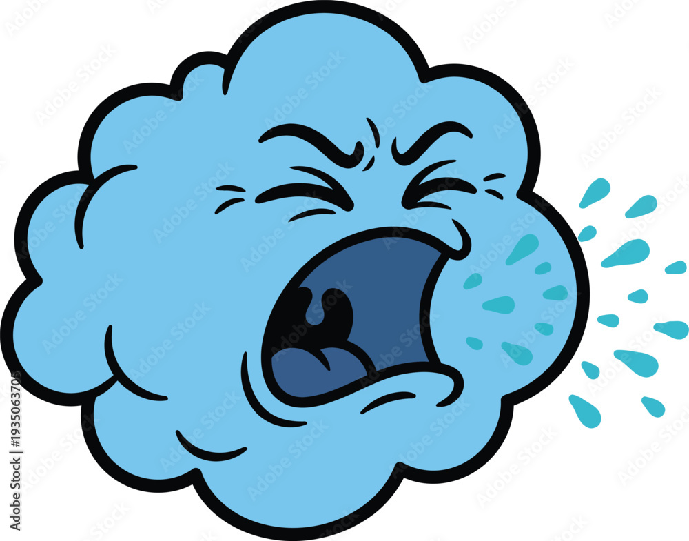 Fototapeta premium Angry Cloud Spitting Water Cartoon Weather Cloud Vector Illustration.