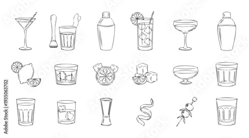 A collection of handdrawn cocktail elements, bar tools, and drink garnishes, perfect for mixologythemed designs, recipe books, or beverage menus.