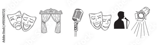 Dynamic black and white line collection showcasing iconic performing arts imagery such as expressive theater masks, an elegant stage curtain, a retro microphone, and a dramatic spotlight,