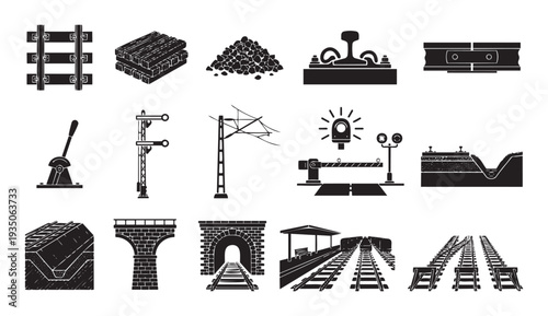 Railway infrastructure elements set for transportation and engineering projects, ideal for educational materials and construction industry presentations.