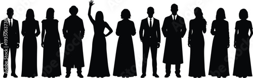 Set of Black Silhouette Vector Illustrations Featuring a Diverse Group of Professional Men and Women Standing in a Row for Business Corporate Designs