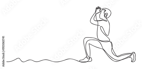 Continuous line drawing of a person performing a lunge exercise with arms raised, ideal for fitness and sports education content or minimalist healthrelated graphic applications