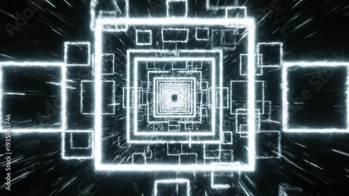 Abstract glowing white squares create a futuristic tunnel effect