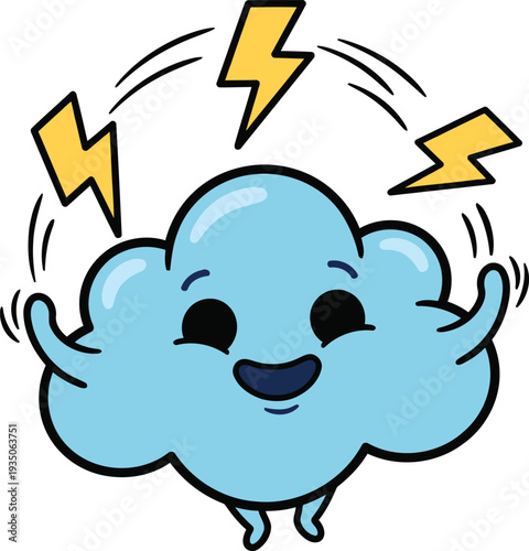 Happy Thunder Cloud with Lightning Bolts Cartoon Weather Cloud Vector Illustration.