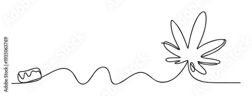 Simple continuous line drawing featuring a sweet donut transitioning into a natural cannabis leaf, ideal for web graphics, packaging, or lifestyle branding content