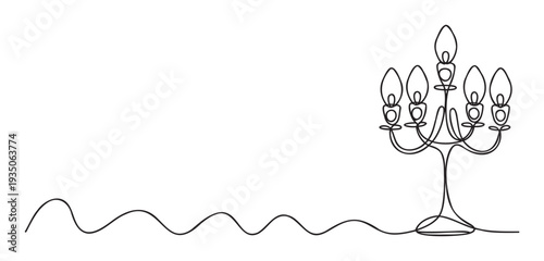 Minimalist black line drawing showcasing a classic candelabra with multiple candlelike lights, excellent for sophisticated decor projects, wedding stationery, or elegant branding.