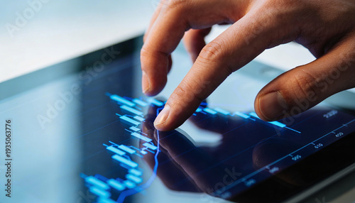 Person's finger analyzes financial chart on tablet screen, upward trending graph