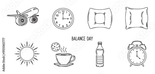 Collection of hand drawn black outline icons depicting daily life, travel, rest, food, drink, and time management for a balanced lifestyle concept and infographic use