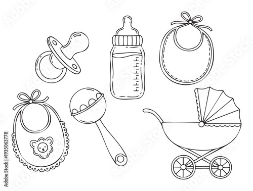 Adorable newborn essentials outline pack with a dummy, baby bottle, soft bib, a fun rattle, and a classic pram, great for welcoming new arrivals and childhood projects.