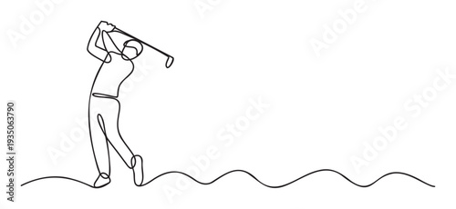 Minimalist one line drawing of a male golfer finishing a powerful golf swing, ideal for sports branding, athletic event promotions, golf club logos, or simple golfthemed graphic materials.