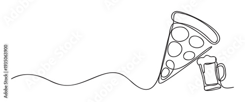 Continuous line drawing of a delicious pizza slice with pepperoni and a foamy beer mug perfect for restaurant menus food packaging or celebration invitations