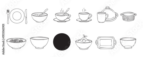 A diverse set of dining and cooking items presented in an outline sketch style, useful for culinarythemed projects and restaurant menu resources.