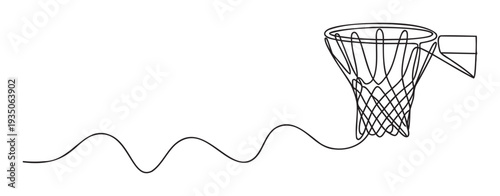 Dynamic continuous line drawing of a basketball hoop and net with a flowing wavy trajectory, perfect for sports event promotions, athletic achievement recognition, or youth activity branding