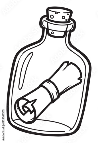 A classic black outline drawing depicting a rolled message sealed inside a glass bottle with a cork, perfect for nautical themed invitations, escape room puzzles, or symbolic communication