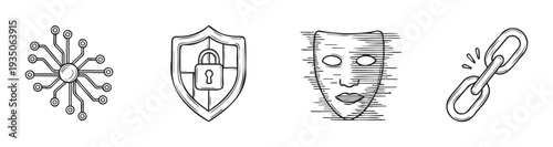 Digital technology cybersecurity icons set representing data protection, network connectivity, and online anonymity suitable for IT infrastructure and internet safety presentations