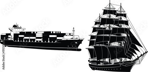 Set of Black Silhouette Vector Illustrations Featuring a Modern Cargo Container Ship and a Classic Sailing Vessel for Maritime Logistics and Nautical Designs