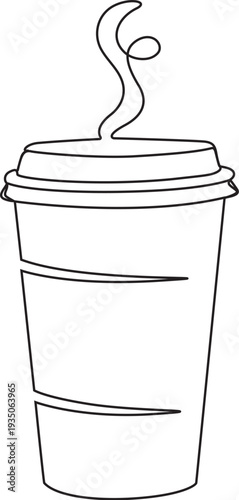  Minimalist continuous line art of a steaming takeaway coffee cup. 