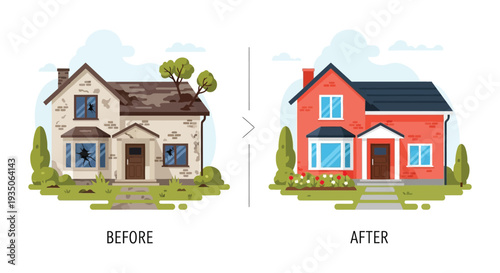 A colorful illustration depicting a home renovation process showing a dilapidated house transforming into a pristine one silhouette high quality professional