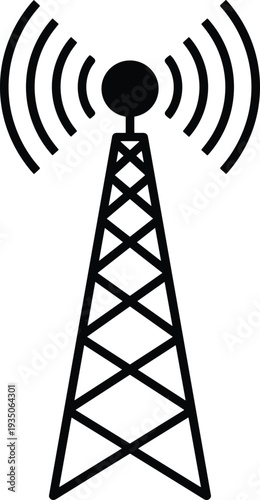 Wireless communication tower with radio signal waves icon, telecommunication antenna silhouette vector illustration isolated on white background for network technology concept