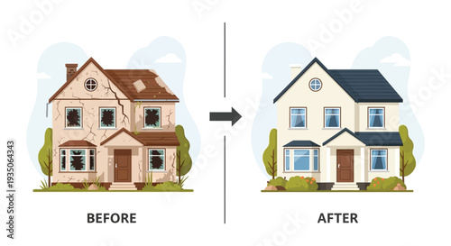 A visual comparison depicts a dilapidated house transforming into a renovated one showcasing property improvement silhouette high quality professional detailed