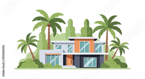 A modern minimalist house is framed by lush tropical foliage creating a striking visual contrast a beautiful silhouette high quality
