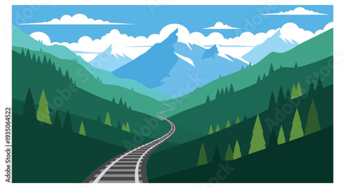 A serene landscape depicts mountains forests and a winding railway all rendered in a striking silhouette high quality professional detailed modern