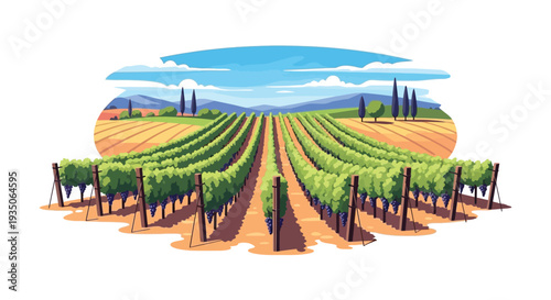 A vibrant tuscan landscape with rolling vineyards and distant hills depicted in a striking flat silhouette high quality professional detailed modern