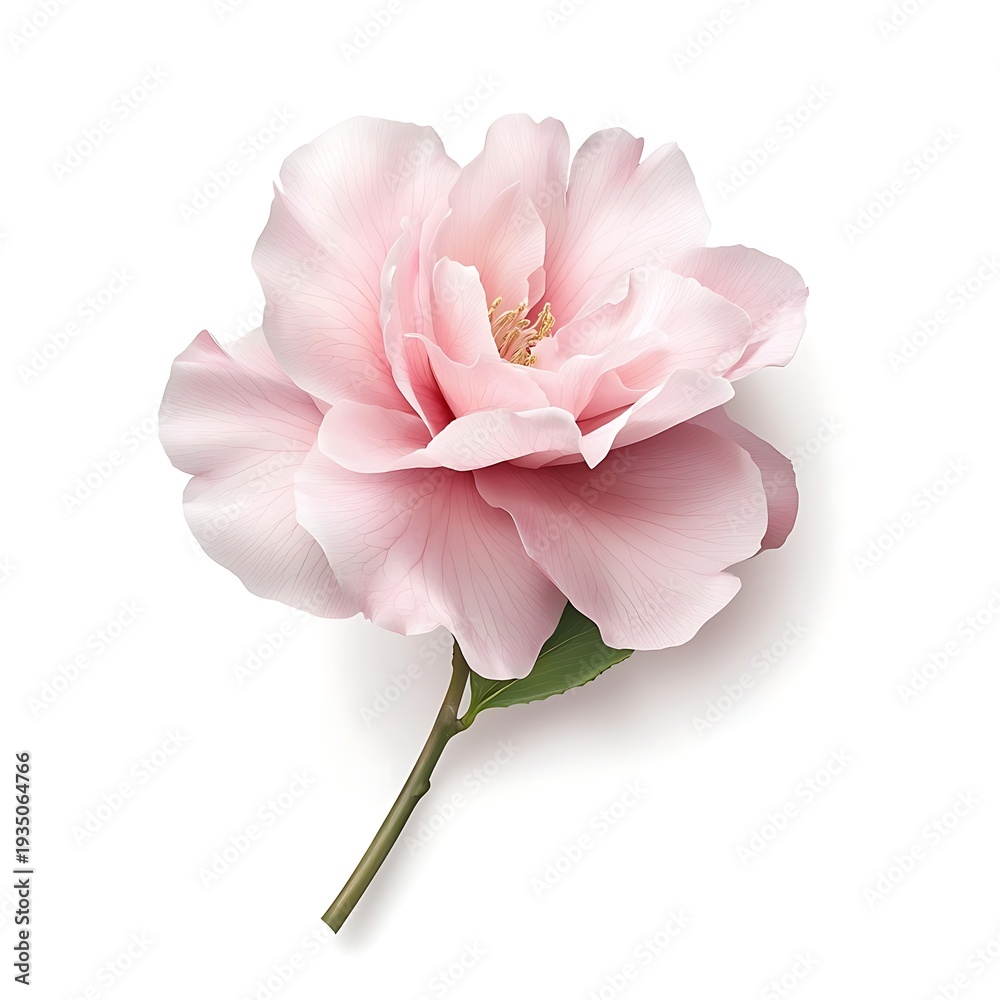 Obraz premium Soft Pink Flower Blooming with Delicate Petals and Green Leaf on White Background
