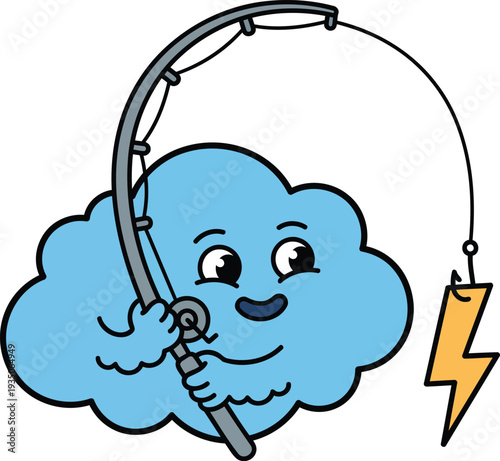 Cute Cloud Fishing Lightning Bolt Cartoon Weather Cloud Vector Illustration.