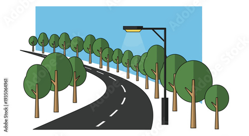 A winding road passes through a row of trees under a streetlight depicted in a flat graphic silhouette high quality professional