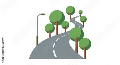 A winding road passes through stylized green trees and a lamppost presented as a flat design silhouette high quality professional detailed