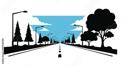 A stylized road stretches into the distance framed by trees and a blue sky rendered as a striking silhouette high quality